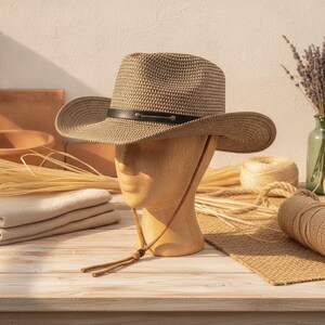 May include: A tan woven straw hat with a pinched crown and a wide, slightly upturned brim. The hat features a black faux leather band around the base of the crown, accented with small metal studs, and includes a thin brown chin cord with a bead.