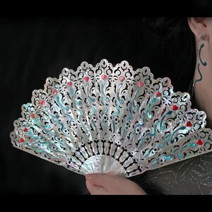 Black Lake's Whisper - Moonlight | Moonlight Mother of Pearl Folding Fan with Serpent and Apple Inlay