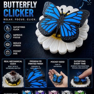 May include: A promotional image for Vintrixx Butterfly Clickers, featuring a black and blue butterfly-shaped fidget toy. The image highlights features like a satisfying click, focus improvement, and stress reduction. Various color options are displayed.