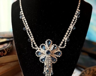 Vintage 1950s Sapphire Blue Rhinestone Statement Bib Necklace, Mid Century Hollywood Glamour