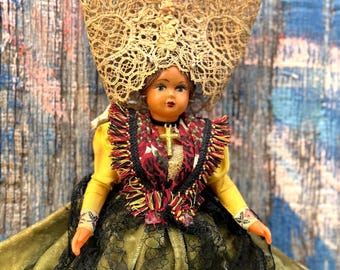 Rare 8" Vintage French Costume Doll • Michel Swiss Paris Boutique Label • Scarcity