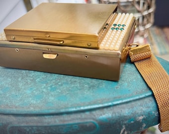 1950s Mondaine Two Tier Carryall Minaudiere, Vintage Cigarette Case Vanity Case Purse, Pearl Rhinestone
