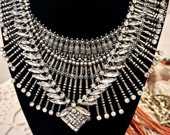 Silver Rhinestone Tiered Bib Statement Necklace, Boho Tribal Spiked Fringe Collar Choker, Festival Jewelry