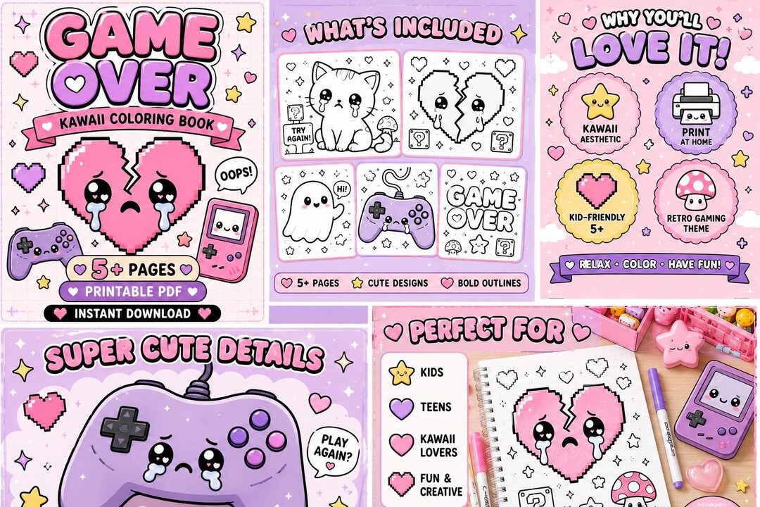 Gameoverse Colouring In Kawaii Game Over Coloring Page Bundle - Etsy
