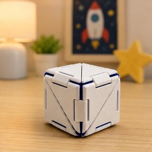 May include: A white geometric cube with blue detailing. The cube is constructed from hinged triangular and rectangular panels. It rests on a wooden surface. A yellow star and a framed picture of a rocket are visible in the background. The cube's dimensions are approximately 5 cm.