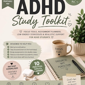 Può includere: Immagine di un "ADHD Study Toolkit" con il testo "ADHD Study Toolkit". Include una tazza di caffè con "Focus Fuel", un taccuino, una penna e auricolari. Il toolkit offre strumenti e strategie per la concentrazione e la gestione del tempo.