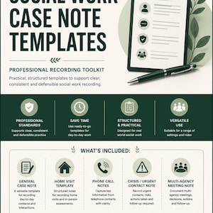 May include: A promotional graphic for social work templates and tools. The design features a clipboard with case notes, a pen, and icons representing various template types. Text includes "Social Work Case Note Templates" and "Professional Recording Toolkit."