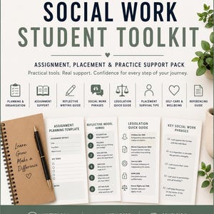 May include: A Social Work Student Toolkit with templates and guides. The image shows a notebook, pen, and printed guides with text like "Assignment Planning Template" and "Legislation Quick Guide". The toolkit is designed to support studies and practice.