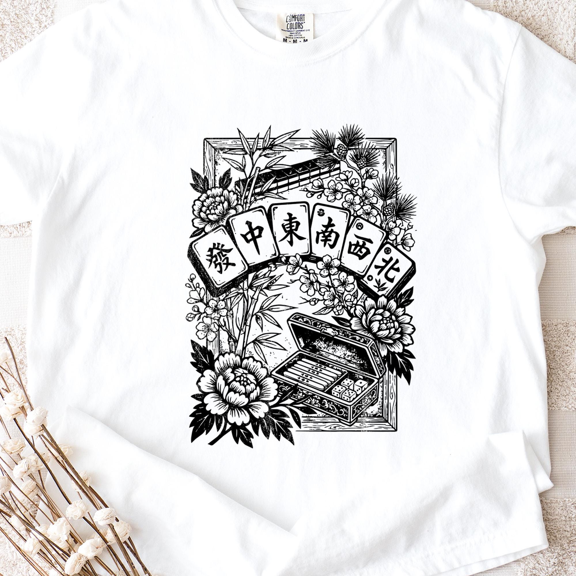 Retro Linocut Mahjong Floral Shirt, Comfort Colors® Mahj Tee