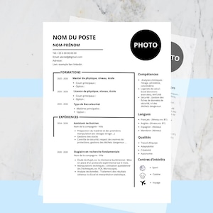 May include: A stack of white resume templates with black text. The resumes include sections for job title, contact information, education, experience, skills, and interests. A black circle with the word "PHOTO" is on one resume.