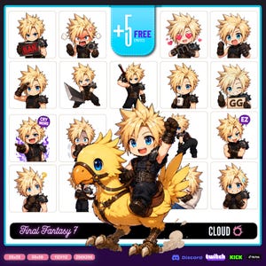 Könnte beinhalten: Ein digitales Sticker-Set mit verschiedenen Chibi-Illustrationen einer blonden Figur mit stacheligen Haaren in dunkler Rüstung, darunter Ausdrücke von Wut, Freude und Traurigkeit, sowie ein zentrales Bild der Figur auf einem großen gelben Vogelwesen.