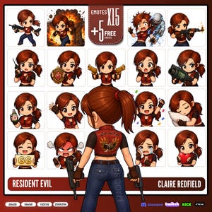May include: A digital collection of twenty chibi-style character emotes featuring a female figure with a ponytail in a red vest and blue jeans. The set includes various action poses, expressions, and items like guns, a shield, and a heart. Text includes "EMOTES X15 + 5 FREE", "RESIDENT EVIL", "CLAIRE REDFIELD", and "GG".