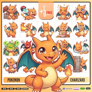 Charizard Chibi Emotes x20 | Fire Dragon Twitch Discord PNG Pack | Retro Gaming Emoji Bundle