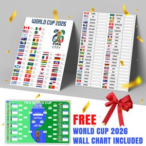 Pode incluir: Dois cartazes brancos com o texto WORLD CUP 2026, o troféu do Campeonato do Mundo da FIFA e listas de bandeiras nacionais com nomes de países. Um terceiro cartaz verde mostra um quadro de torneio com o texto FREE WORLD CUP 2026 WALL CHART INCLUDED.