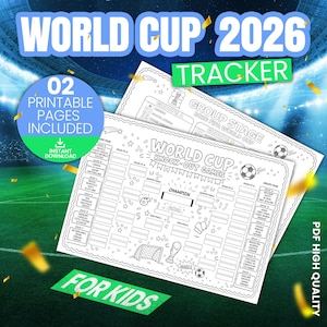 Può includere: Due fogli di attività stampabili in bianco e nero per la Coppa del Mondo 2026. Le pagine presentano un tabellone per le fasi a eliminazione diretta, elenchi dei gironi, illustrazioni di palloni da calcio, un trofeo e una rete da porta.