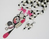 Long Assemblage Necklace and Earrings Set, Truly Unique and Elegant. A TRUE STATEMENT necklace. Flirty Fun - Pearls, Lipstick, Bows