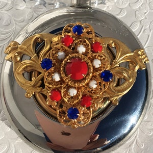 Decorated Alcohol Flask ~ Classy Unique Gift Idea, Assemblage Design, Beautiful Vintage Brooch, Red, White and Blue ~ Americana