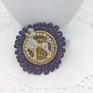 Brooch, Poodle Perfect, Clear Vintage Rhinestone Poodle Dog on Purple background ~  Assemblage Brooch ~ Pet Lover