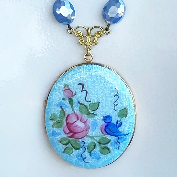 Vintage Estate Large Guilloche Locket with Hand Beaded Chain of Faceted Oval Crystals in Blue & Green ~ Bluebird Design