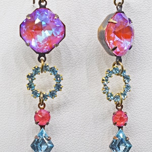 Feminine & Elegant Handcrafted Earrings ~ Blue and Pink Rhinestone Dangles, Lightweight, Pastel Colors