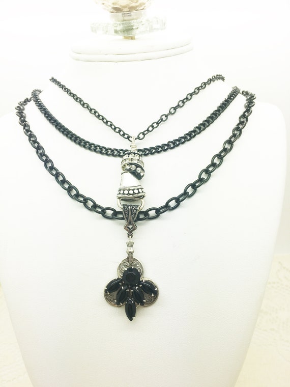 Three Strand Layered Black and Silver Necklace ~ H