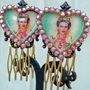Freda Kahlo Assemblage Hair Combs (2) ~ Decorated Hair Combs with Freda Graphic Surrounded by Rhinestones Set in Resin