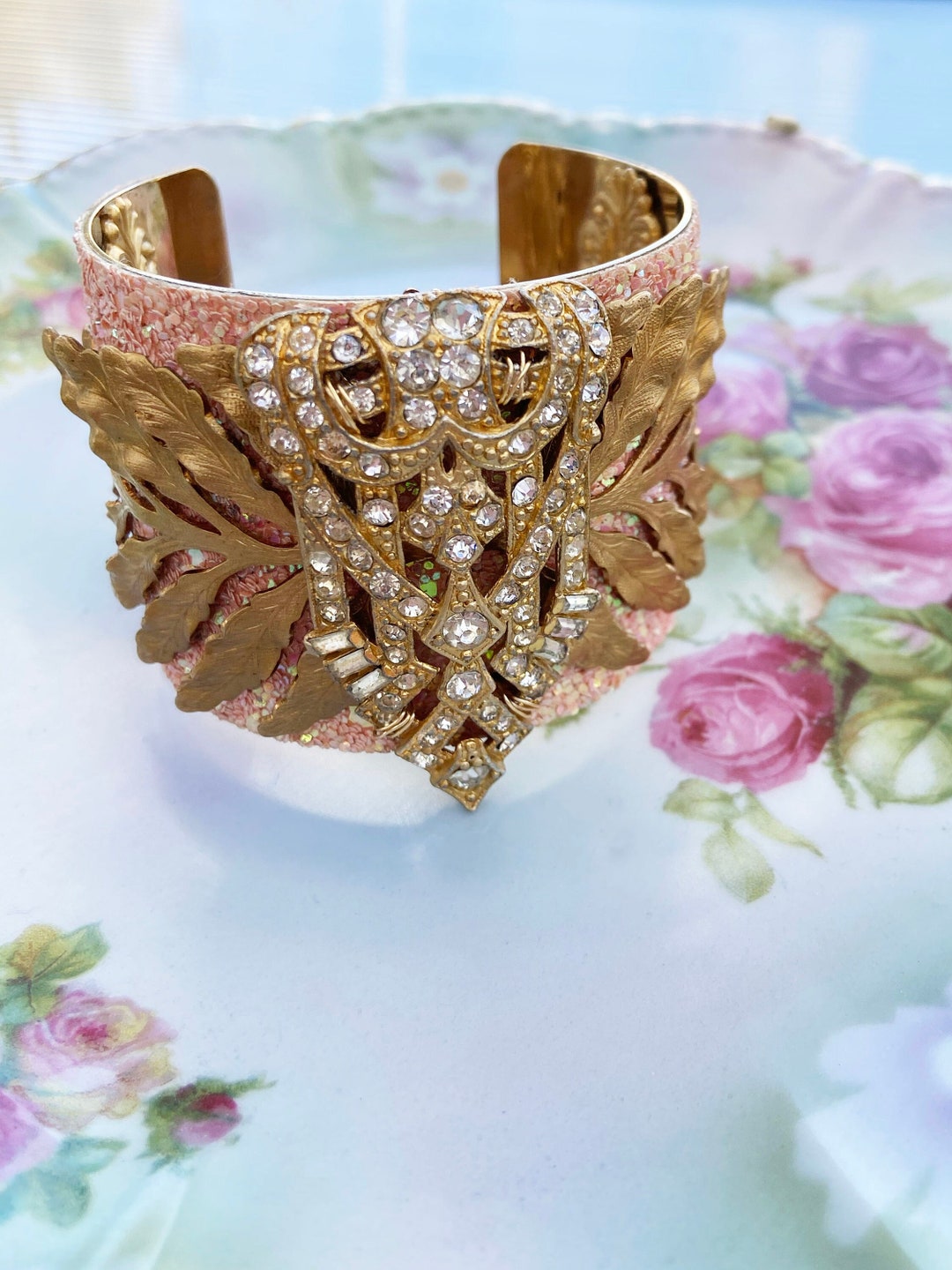 Gold-Tone Pink and White Inlay Cuff Bracelet 18K Gold Pavé Cuff Bracelet | Nickel Free Jewelry – REALM main image 4