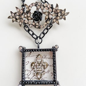 Vintage Paste Rhinestone Upcycled Necklace ~ French Fleur De Les ~ Black, Clear and White Elements ~ Art Deco Style