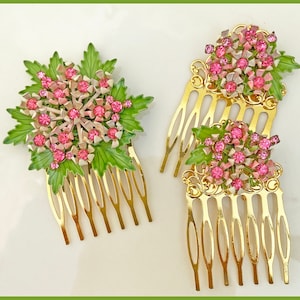 Stunning 3 piece Decorated Hair Comb Set ~ Hair Jewelry ~ Repurposed Vintage Metal Floral Brooch and Earrings ~ Bridal Hair ~ Pink and Green