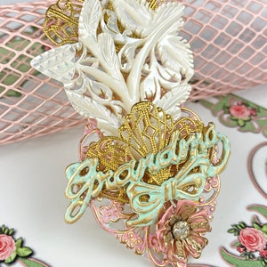 Beautiful Unique Vintage Assemblage &quot;Grandma&quot; Brooch ~ Mother of Pearl MOP Carved Flowers, Pastel Colors, Filigree Stampings, Grandma Love