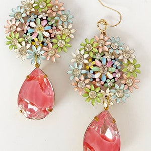 Large gorgeous Assemblage Double Flower Vintage Metal and Glass Givre Earrings ~ Large Pink Givre Drop, All Pastel Colors, Feminine & Classy