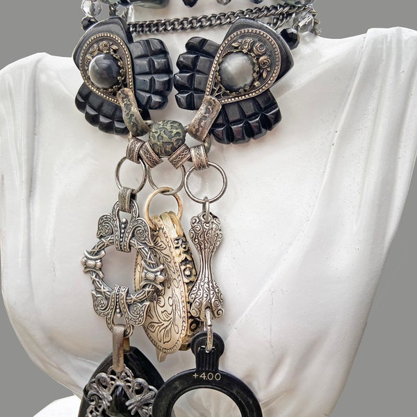 Monocles & Cloak Hooks Assemblage Necklace from Vintage Components ~ Antique Monocle, Cloak Closures, Optometrist Lens, Lampwork Beads