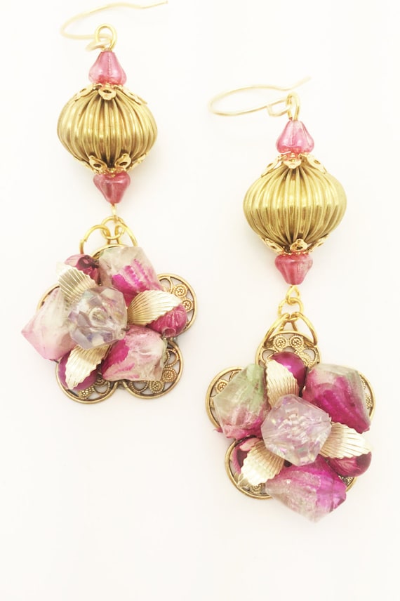 Handcrafted Earrings done in Pinks and gold ~ Vint