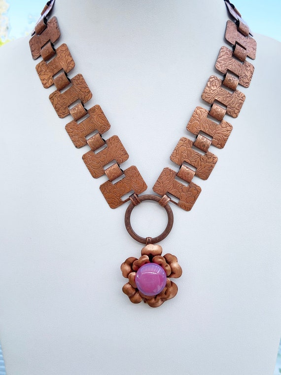 Stunning Vintage Copper Floral Necklace with Rare 