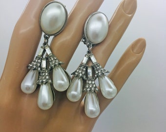 Wedding Vintage White Pearl Dangle Earrings ~ Very Glamorous ~ Rhinestone Details ~ Clip-On, Perfect for the Bride to Be