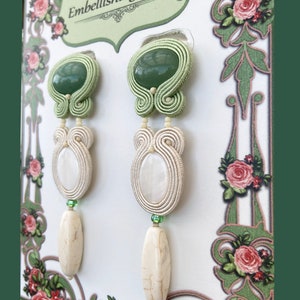 Beautifully designed Green and Cream Cabochon and Ribbon Work Earrings ~ Elegant