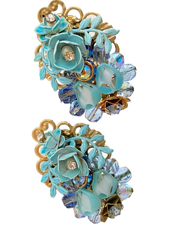 Gorgeous elaborate vintage blue assemblage clip e… - image 2
