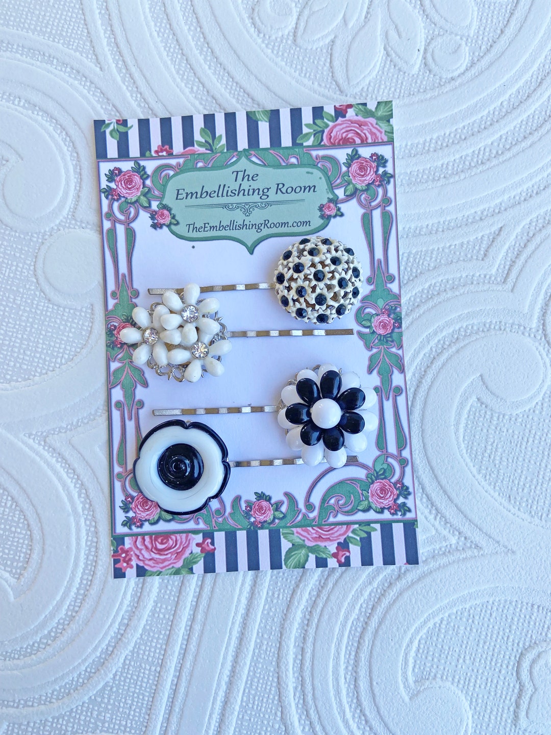 4 Vintage Embellished Bobby Pins, Hair Clips, Black and White Colors