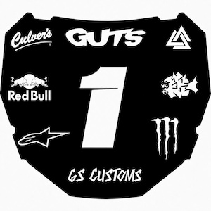 May include: A black motocross number plate featuring a large white number 1 in the center. The design includes white logos for Culver's, Guts, Red Bull, Alpinestars, Monster Energy, a geometric triangle symbol, a fish graphic, and the text GS CUSTOMS.