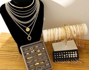 Gold Jewelry Set for Women, 68-Piece Layered Necklaces, Bracelets, Earrings, Rings