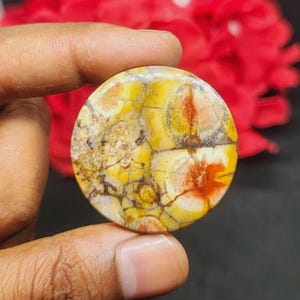 May include: A round, polished stone with a unique pattern of yellow, orange, and brown hues. The stone's surface features a network of fine cracks, adding to its natural beauty. The stone is held between fingers.