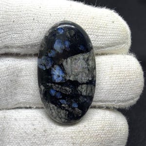 May include: An oval-shaped cabochon gemstone featuring a polished surface with a dark black base color, interspersed with distinct patches of deep blue and mottled gray mineral inclusions throughout the stone's smooth, rounded face.