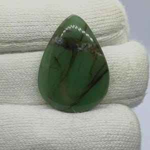 May include: A teardrop-shaped cabochon gemstone featuring a smooth, polished surface in a vibrant shade of green. The stone displays distinct, dark brown to black matrix veins that run across its face, creating a natural, intricate pattern.