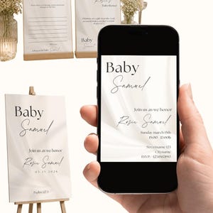 Op de afbeelding: Babyborrel uitnodiging en decoratie met de naam "Baby Samuel". De afbeelding toont een telefoon met de uitnodiging, samen met gedrukte borden en kaarten. Het ontwerp is elegant met een zacht, neutraal kleurenpalet en een scriptlettertype.