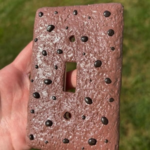 May include: A rectangular light switch cover plate with a textured brown surface resembling a cookie. The plate features scattered dark brown, glossy, raised circular spots across the front, with a central rectangular cutout and two screw holes.