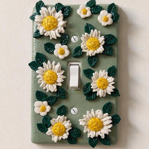 Placa de interruptor de luz única com estampa de margaridas verde-sálvia