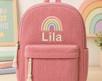 Mochila personalizada de pana arcoíris para niños, mochila escolar con nombre bordado, ideal para preescolares y niños pequeños, perfecta para viajes.