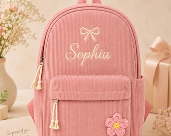 Personalized Name Corduroy Backpack Girls Embroidered Bow Flower School Bag Toddler Birthday Gift