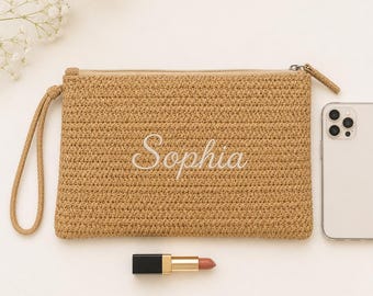 Personalized Bridal Embroidered Natural Woven Straw Clutch Name Cosmetic Pouch, Bridesmaid Bag