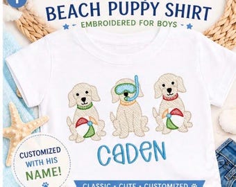 Camiseta de playa personalizada para niños con diseño de cachorro / Camiseta de verano bordada con perro / Camiseta infantil con nombre personalizado / Conjunto de playa para niños / Camiseta de verano para niños pequeños